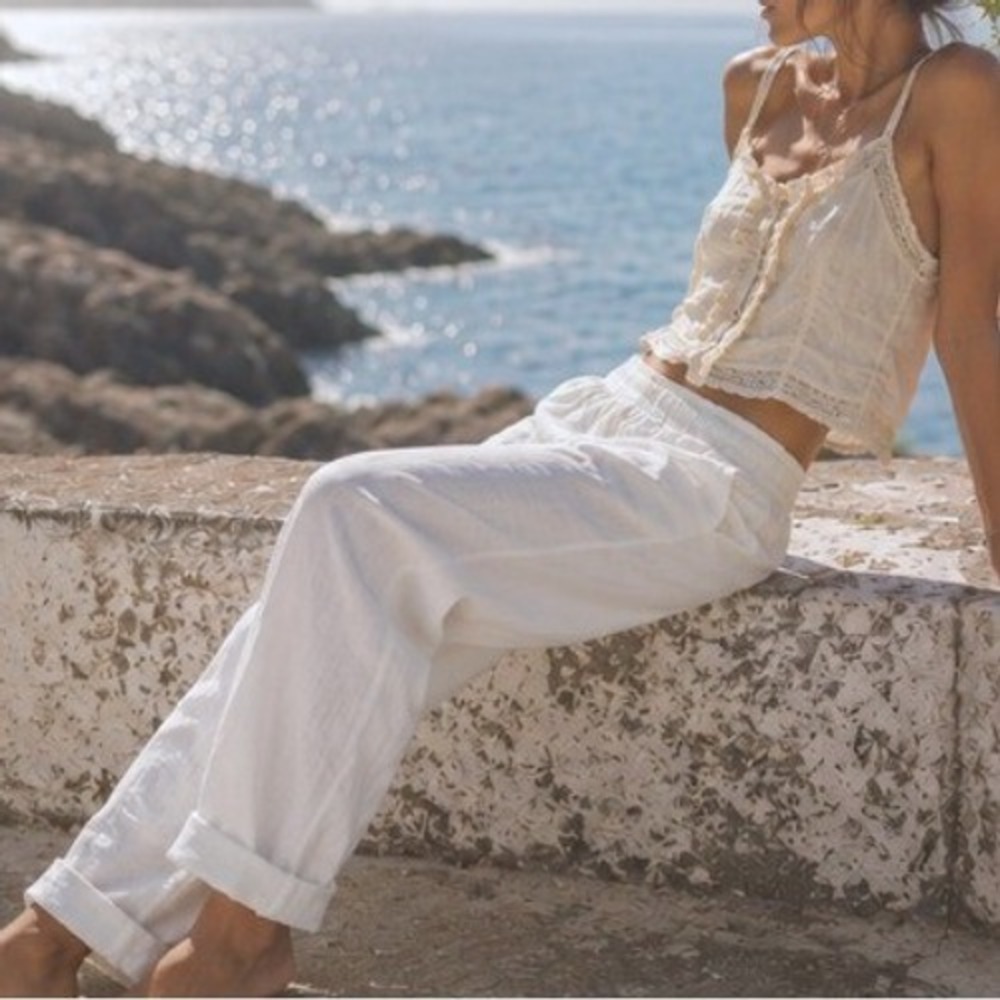 100% Linen Wide Leg Cuffed White Pants Medium Coastal Euro‎ Summer Quiet Luxury